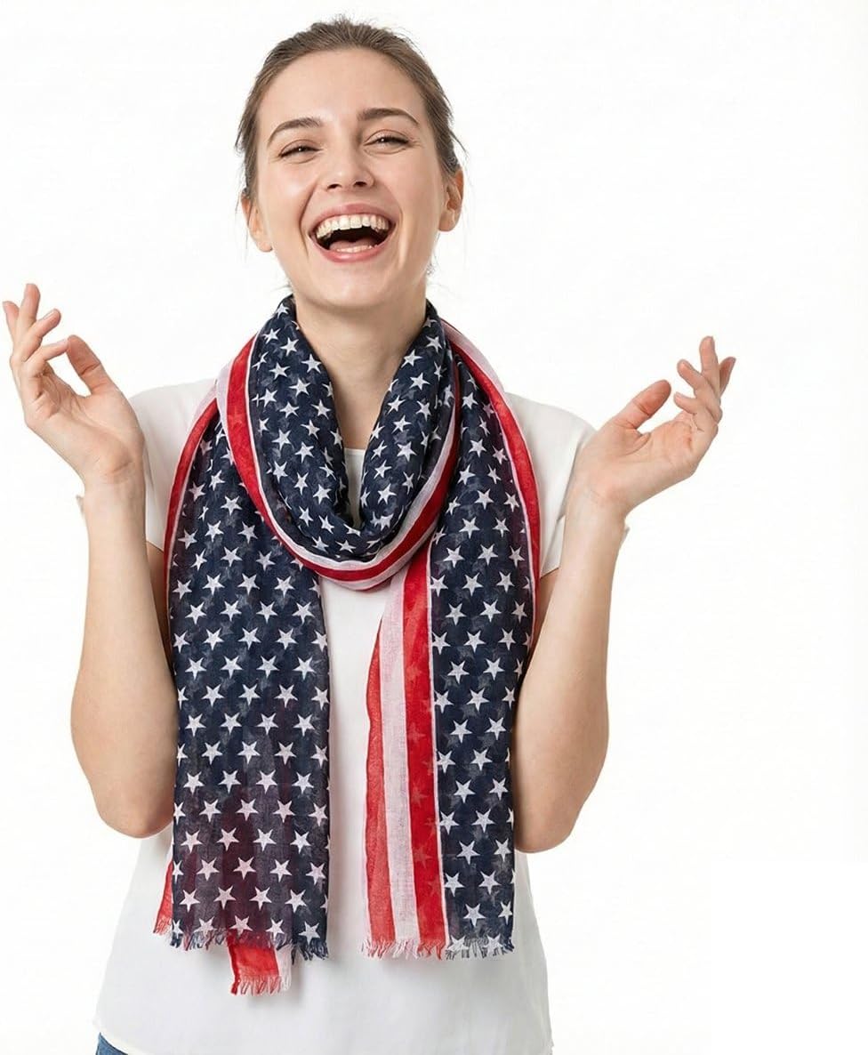 Voile USA Flag Scarf Americana Flag Shawl Patriotic Wrap for Men and Women