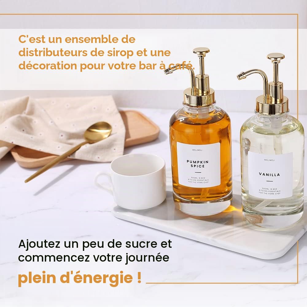 Distributeur de Sirop Molimoli pour Bars à Café, Flacon de Sirop en Verre avec Pompe, 16,9 oz 500 ML, Set de 2, Distributeur avec Pompe Améliorée Or