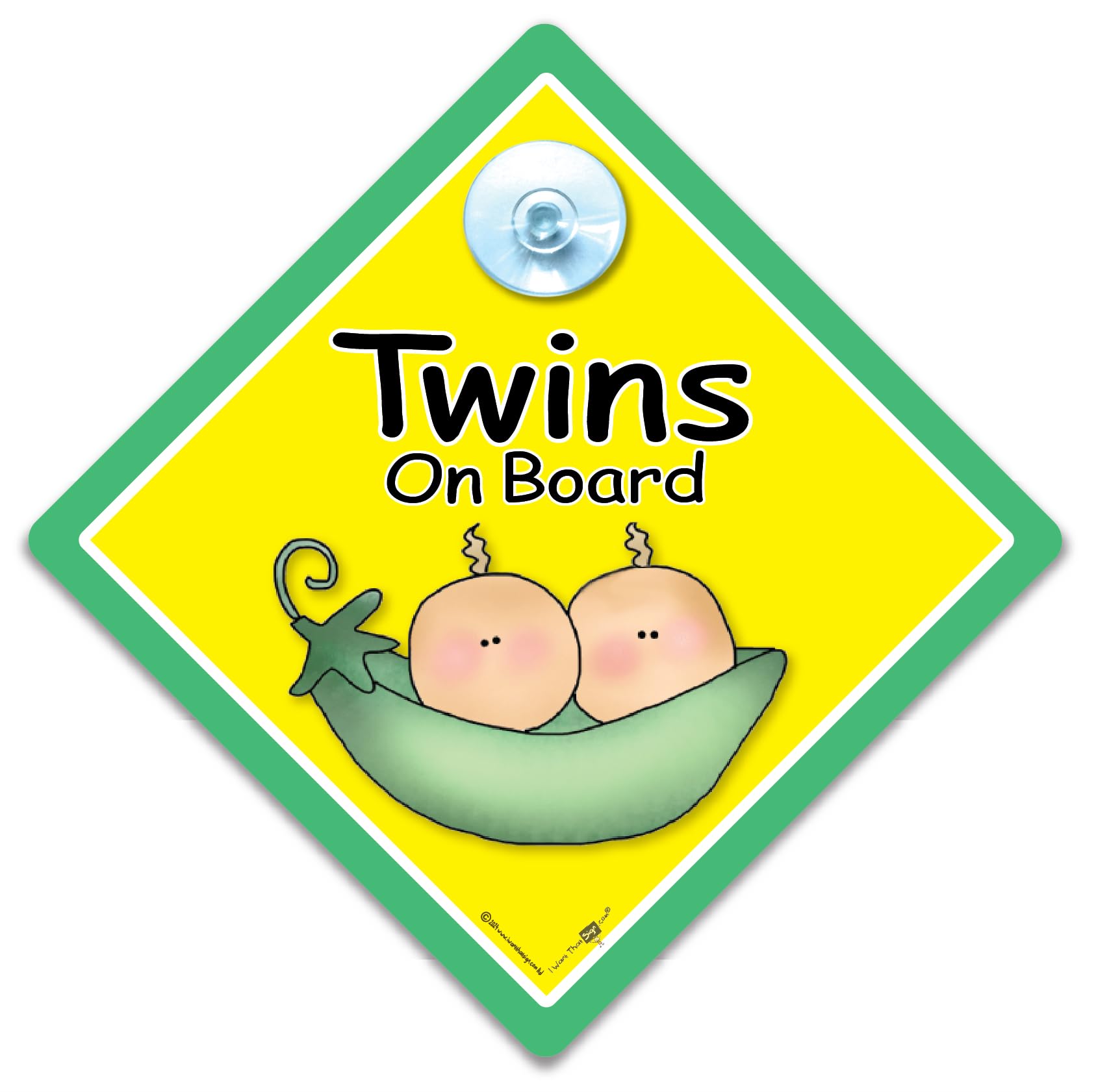 Iwantthatsign.com Green Twins On Board Sign Peapod, Baby On Board Sign, Grandchild On Board, Suction Cup Car Window Sign Designed To Let Other Road Users Twins Are In The Car, 14 Cm X 14Cm