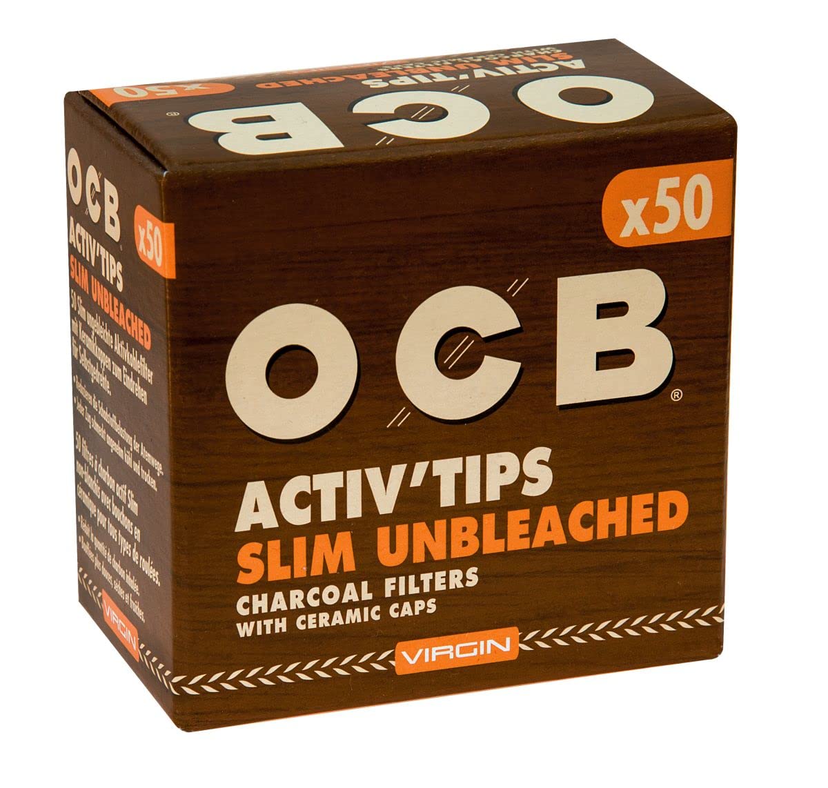 OCB 19823 ActivTips Slim Unbleached-7 mm-Virgin-Aktivkohlefilter mit Keramikkappen-10 x 50 500 Stück, Papier, Mittel, Braun