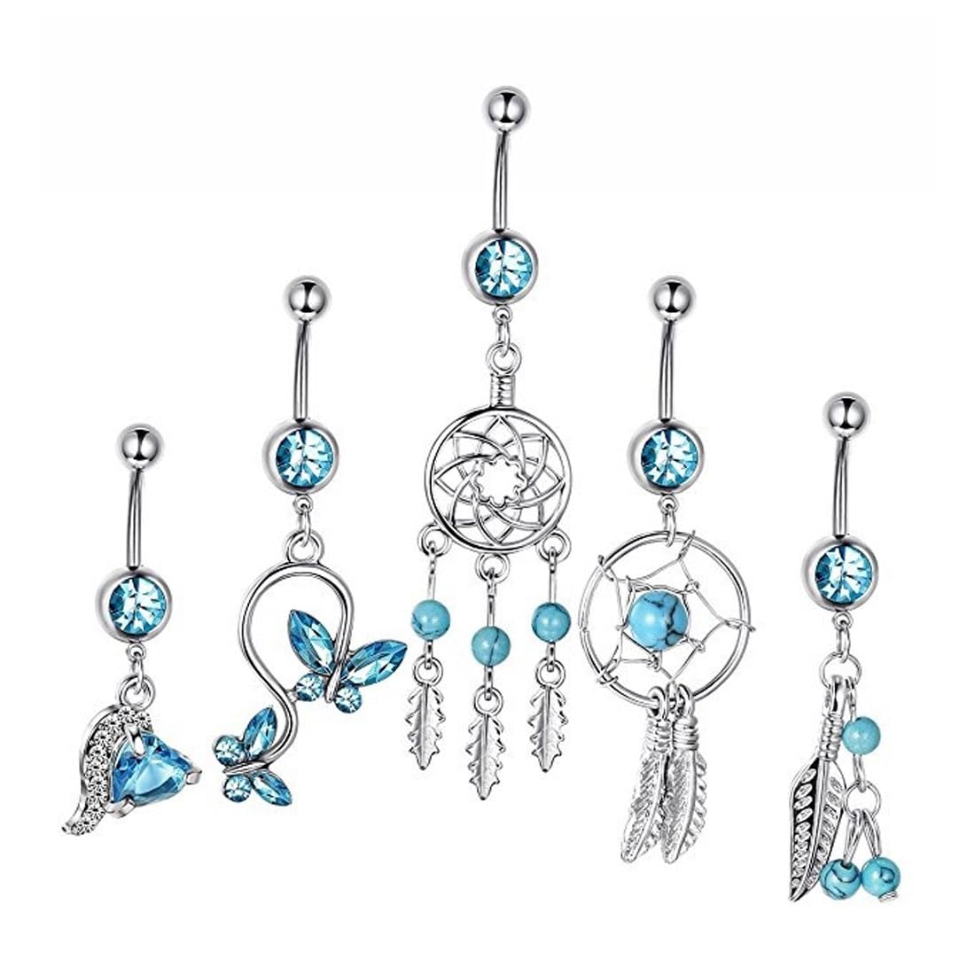 Set 10 Piercing Ombelico YADOCA - Acciaio Chirurgico Con CZ Rosa/Blu, Design Farfalla E Serpente