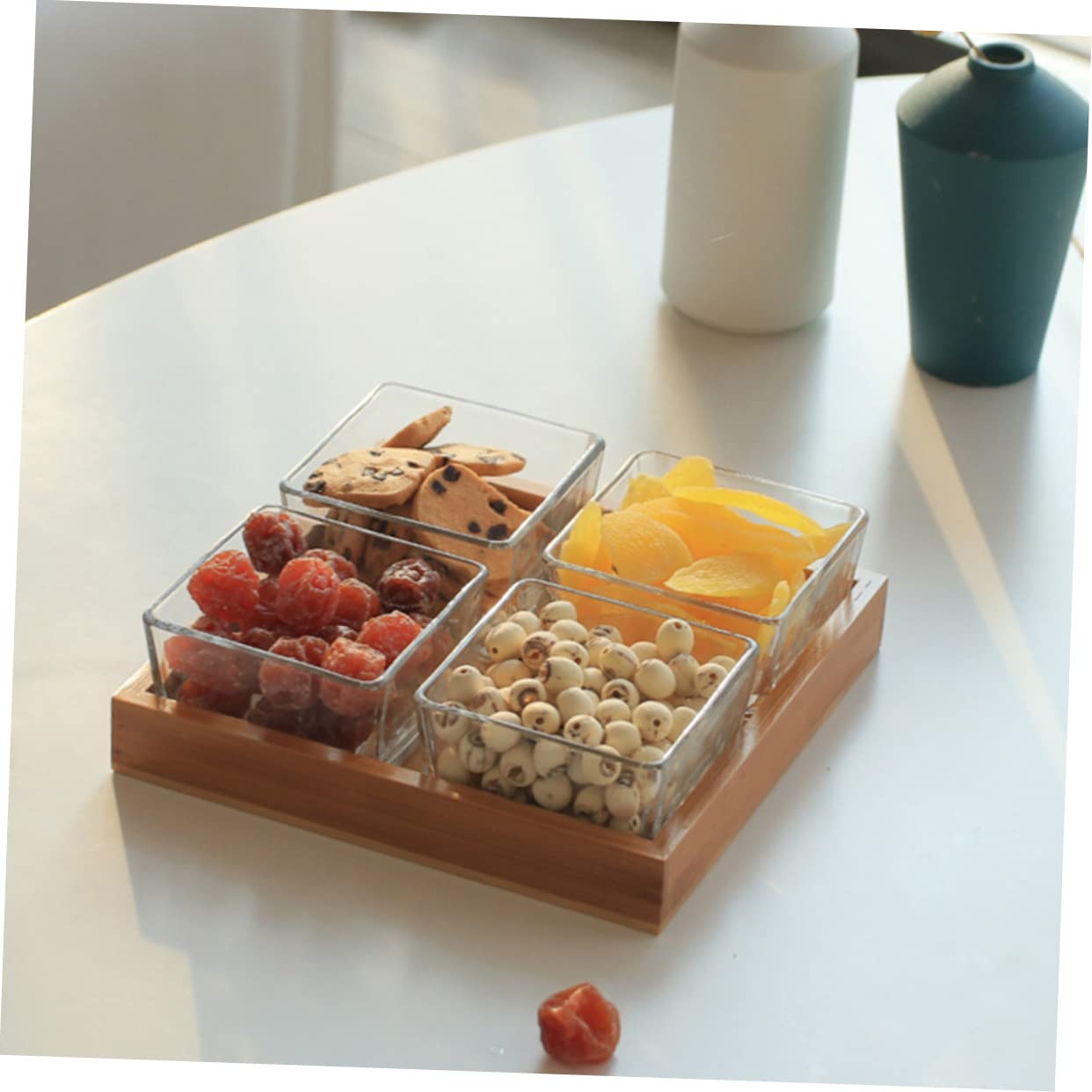 Zerodeko Plateaux de Service en Verre Divisé pour Fruits Secs et Noix Support en Bois, Design Solide et Multifonction pour Collations et Apéritifs Couleur Aléatoire