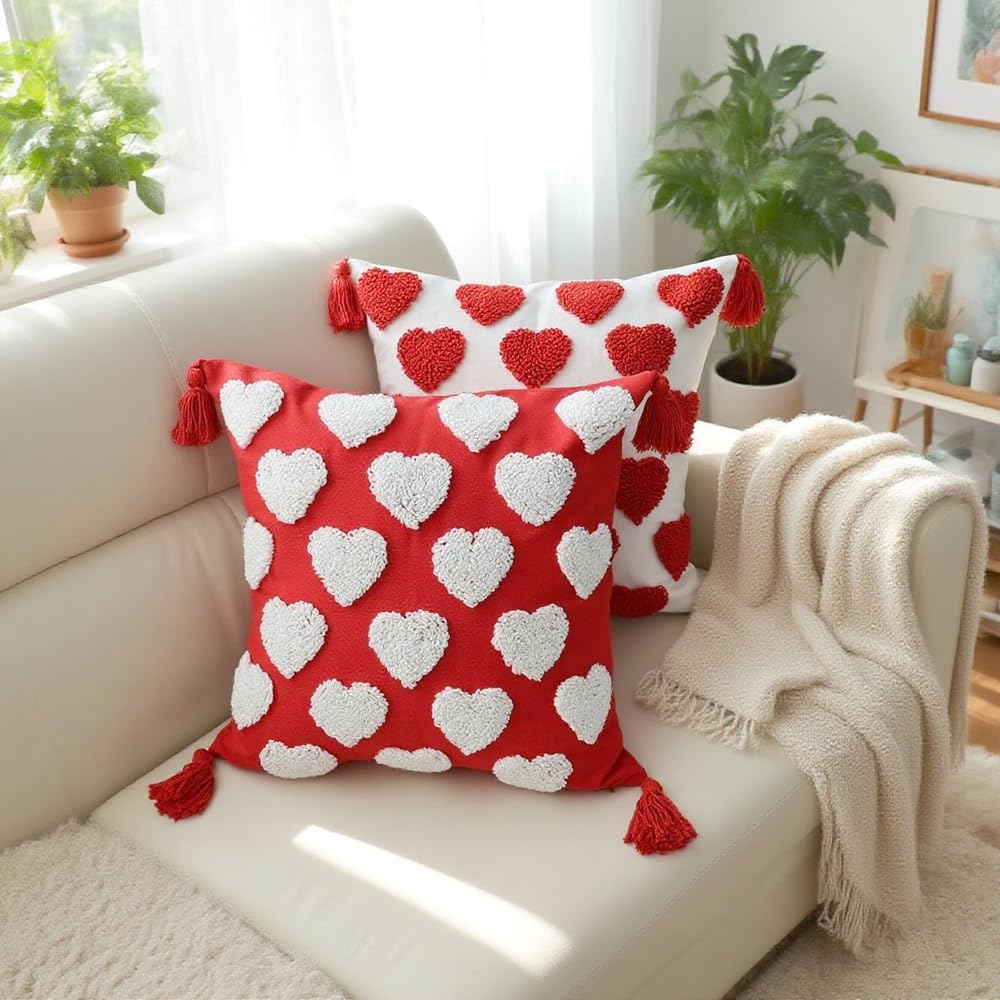 QIFONIX Decorative Heart Pattern Throw Pillow Covers with Tassels (Red and White,18" x 18" (Pack of 2))