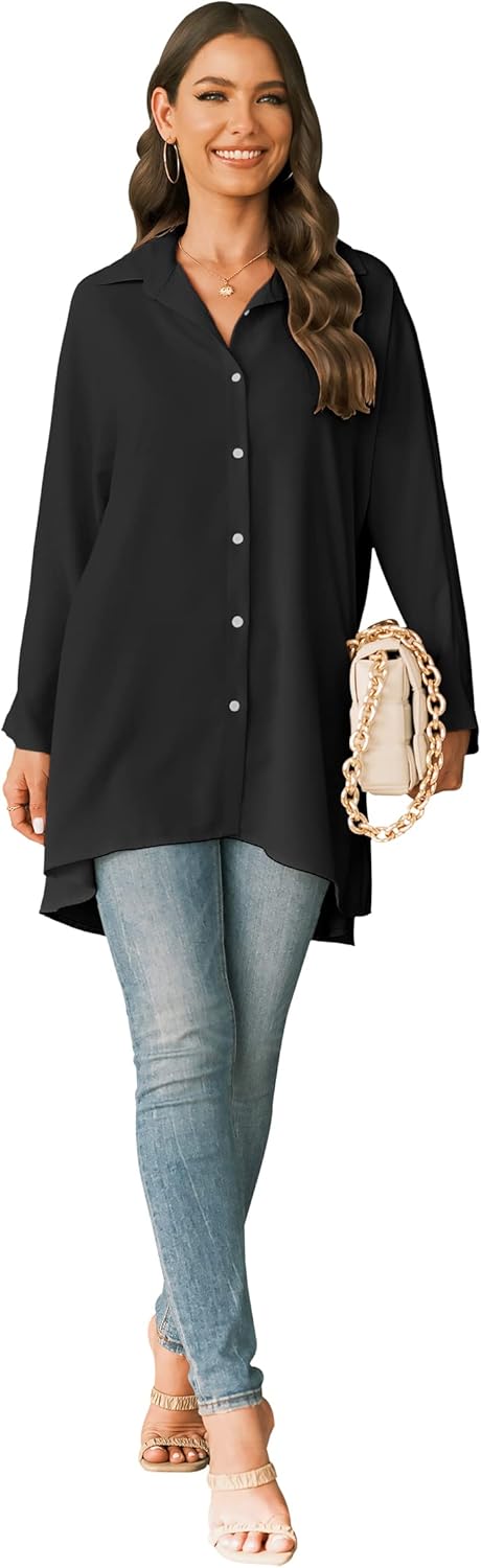 Aoysky Womens Oversized T Shirts Button Down Long Sleeve Shirt V Neck Collar Loose Flowy Blouse - Image 3