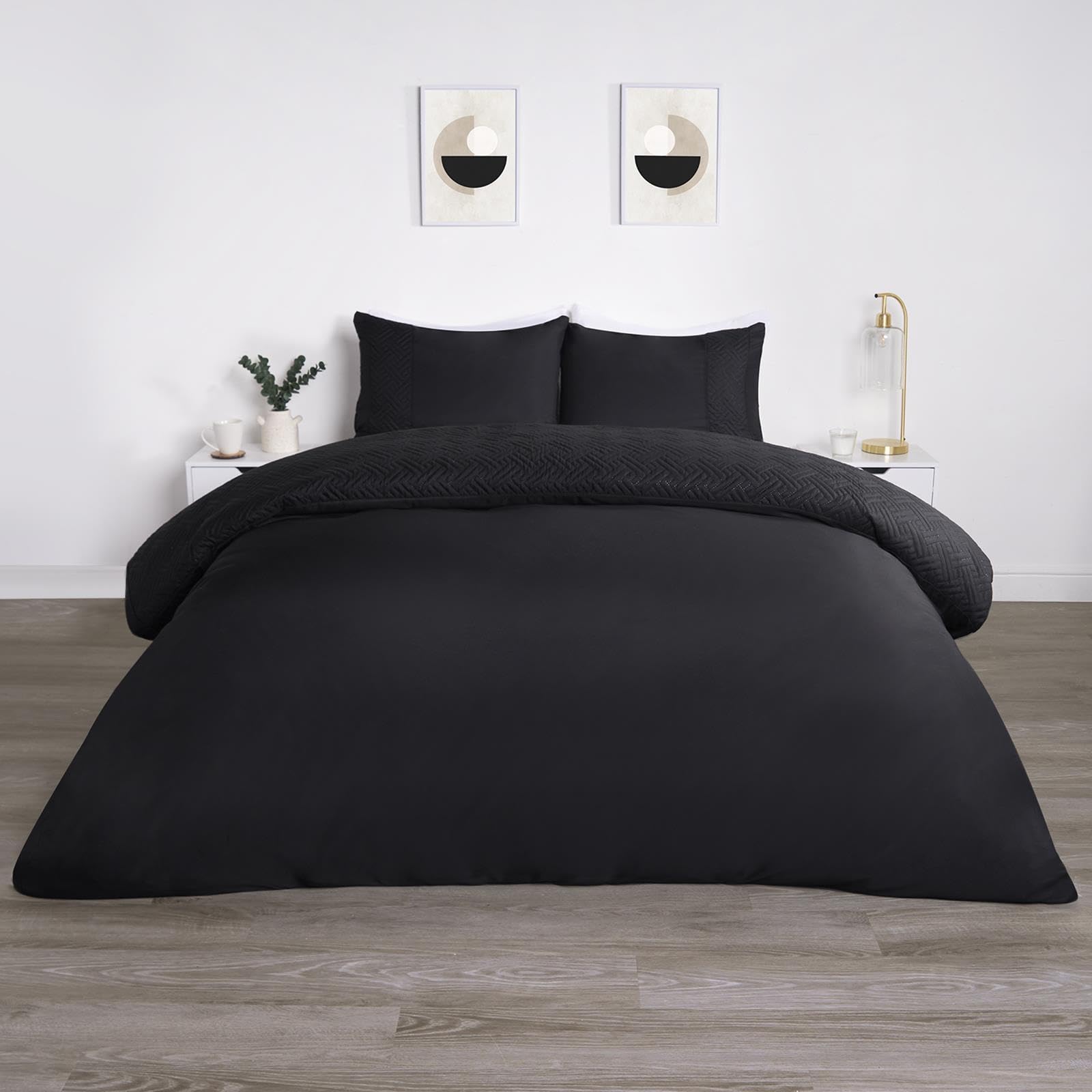 OHS Double Duvet Cover Set Pinsonic Geometric, Panel Bedding Luxury Duvet Quilt Cover Ultra Soft Decorative Quilted Double Bedding with Pillowcases, Black