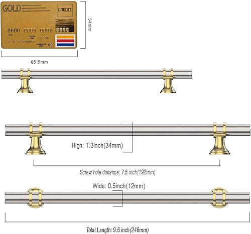 Miniatura 6 de Amerdeco ZH0058 - Paquete de 10 tiradores de gabinete de níquel satinado cepillado y dorado de 7.5 pulgadas (7.559 in) con agujeros centrales,