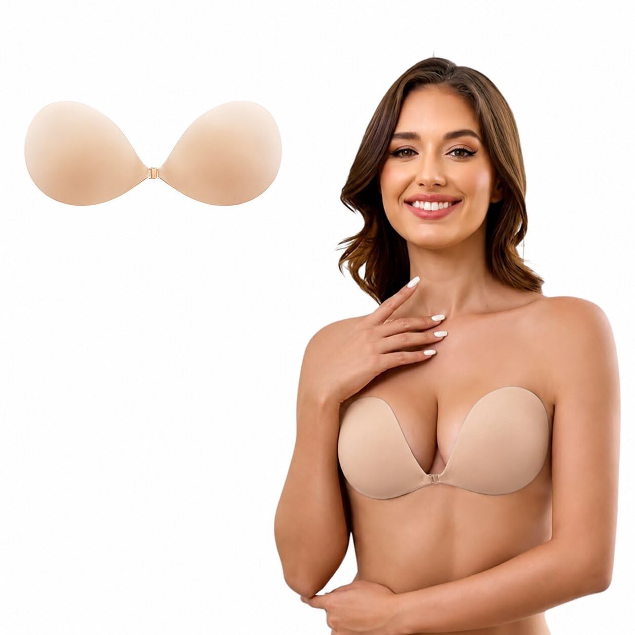 Women's Silicone Adhesive Invisible Strapless Push-Up Bra | Reusable Sticky Backless Bra with Front Clip | Seamless Nude Stick-On Bra for Deep Neck, Off Shoulder, Wedding-picture-36