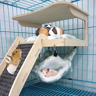 Guinea Pig Hideout-Natural Wooden Guinea Pig Bed, Guinea Pig Toys with Hammock and Stairs and Matd,Detachable Small Pet Hut Habitats for Guinea Pig Sqirrel Bunny Chinchillas Cages.