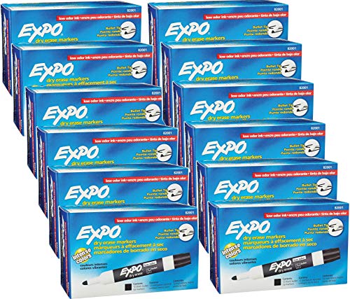 EXPO 82001 Low-Odor Bullet Black Dry Erase Markers For Use On Whiteboards, Glass and Non-porous Surfaces; Ideal for Classrooms, Offices and Homes, 12 Packs of 12 Markers (144 Markers Total)