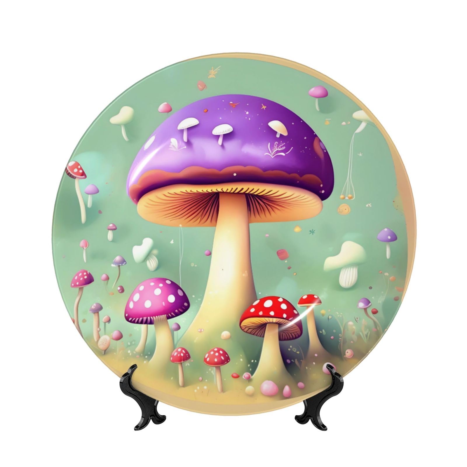 SXZVVBN Purple Dream Mushroom Bone China Decorative Plate Art with Stand Removable Adhesive Hanging for Home Office 7in