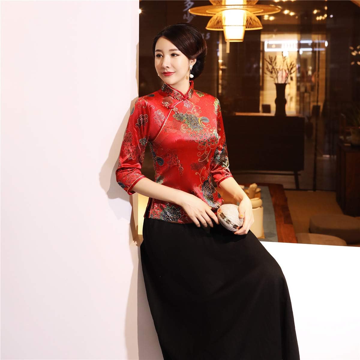 Shanghai Story Chinese Cheongsam Shirt 3/4 Sleeve Velvet Chinese Blouse for Women - Image 5