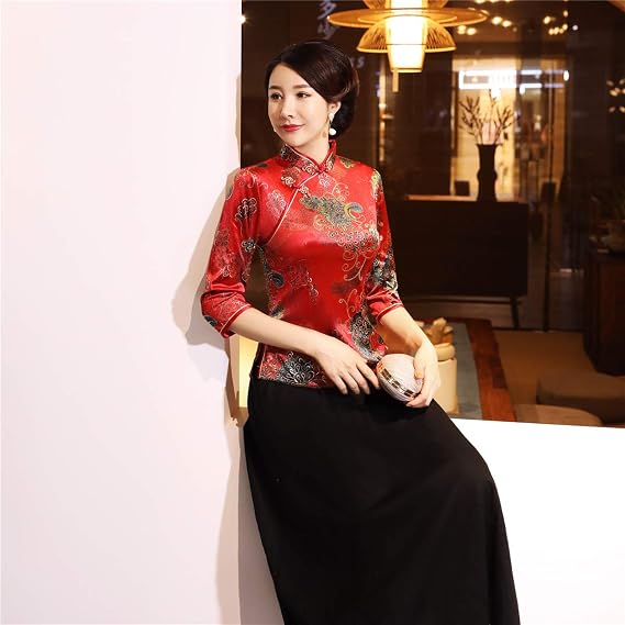 Shanghai Story Chinese Cheongsam Shirt 3/4 Sleeve Velvet Chinese Blouse for Women
