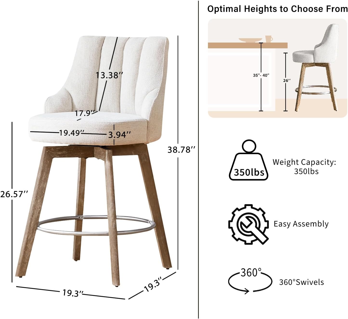 Swivel Counter Height Bar Stools,Barstools with Backs,Beige-Colored Bar Stools Set of 3,26'' Solid Wood Legs,Linen Fabric Thickened Seat Cushion Bar Stools