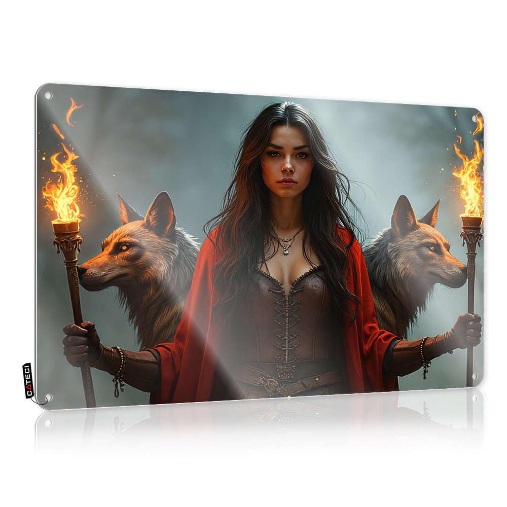 Fzfn Colour Farmhouse Signs Rv Bathroom Accessories Wall Decor | Woman With Torches Flanked By Wolves Scandinavian For Premises Home(30X40cm)