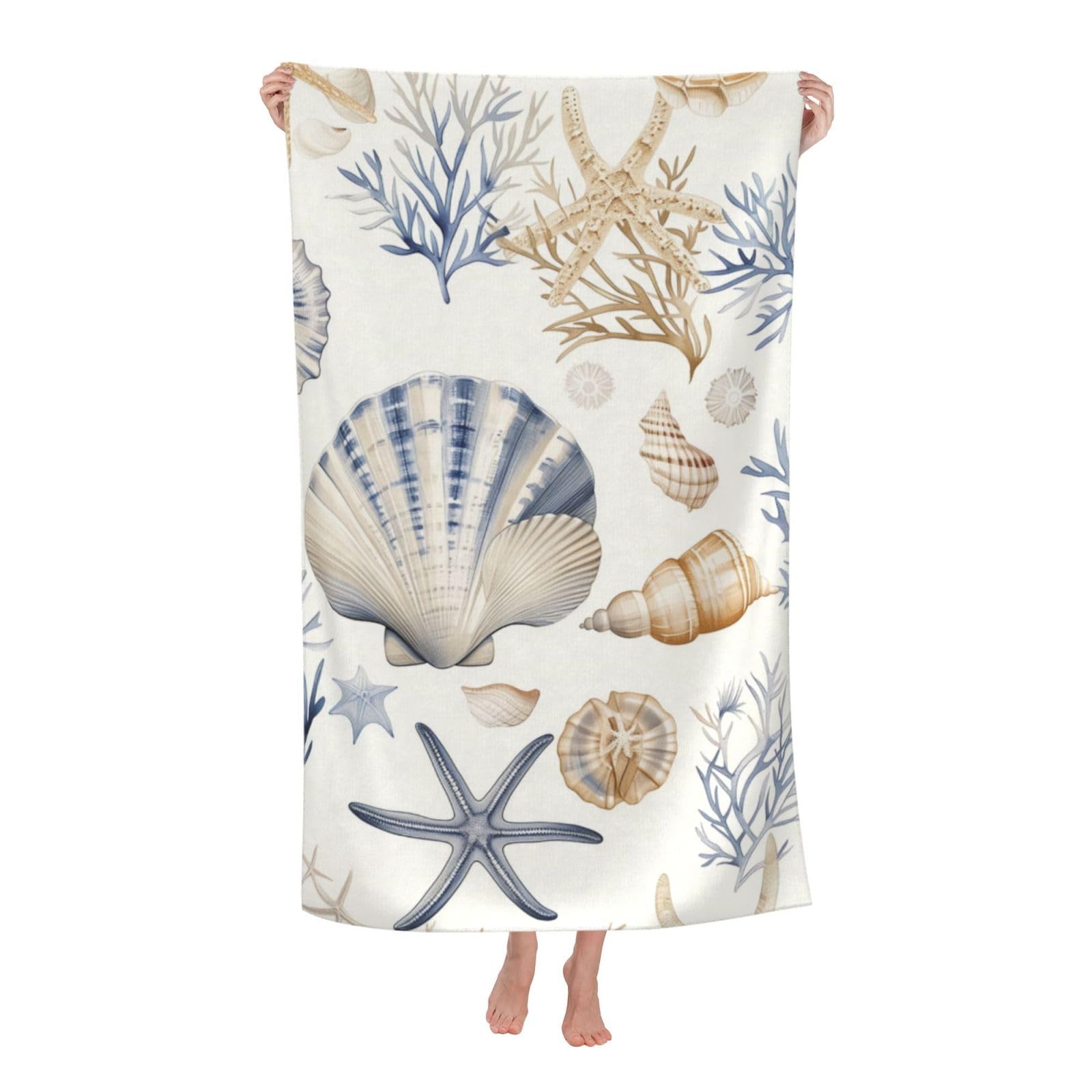 Seashell Starfish Beach Towel,32x52in Microfiber Quick Dry Coastal Ocean Coral Shells Bath Towels,Soft Lightweight Oversized Sand Free,for Travel Pool Swimming Gym Decor,Gifts