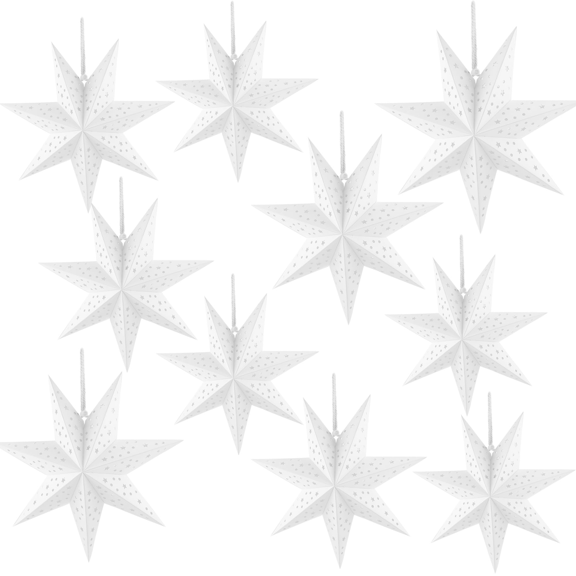 10 Pcs Christmas 3D Paper Star 18 Inch 14 Inch 12 Inch 10 Inch 7-Pointed Star Hollow Lampshade White Paper Star Lantern Hanging Decorations for Christmas New Year Wedding Birthday Supplies