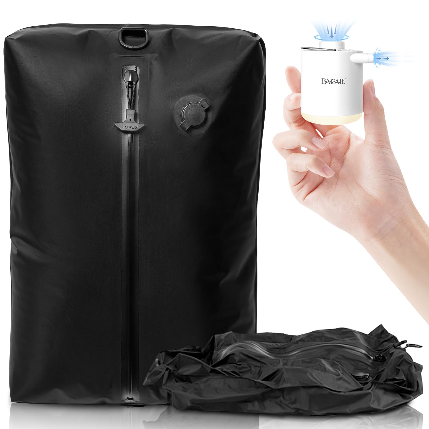 BAGAIL TPU Vacuum Bag for Travel, Reusable Compression Bag with IPX8 Waterproof Zipper, Save Space for Suitcase, Backpack and Carry on (Jet Black, Large, With Pump)