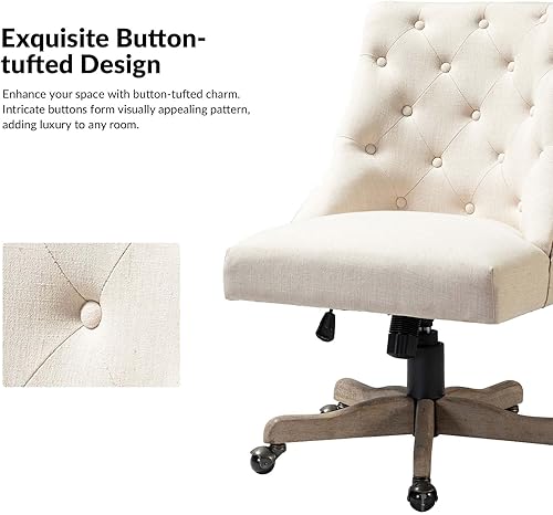 Miniatura 7 de Silla moderna de oficina en casa sin brazos, cómoda silla de escritorio tapizada con base de madera vintage, silla giratoria de altura ajustable