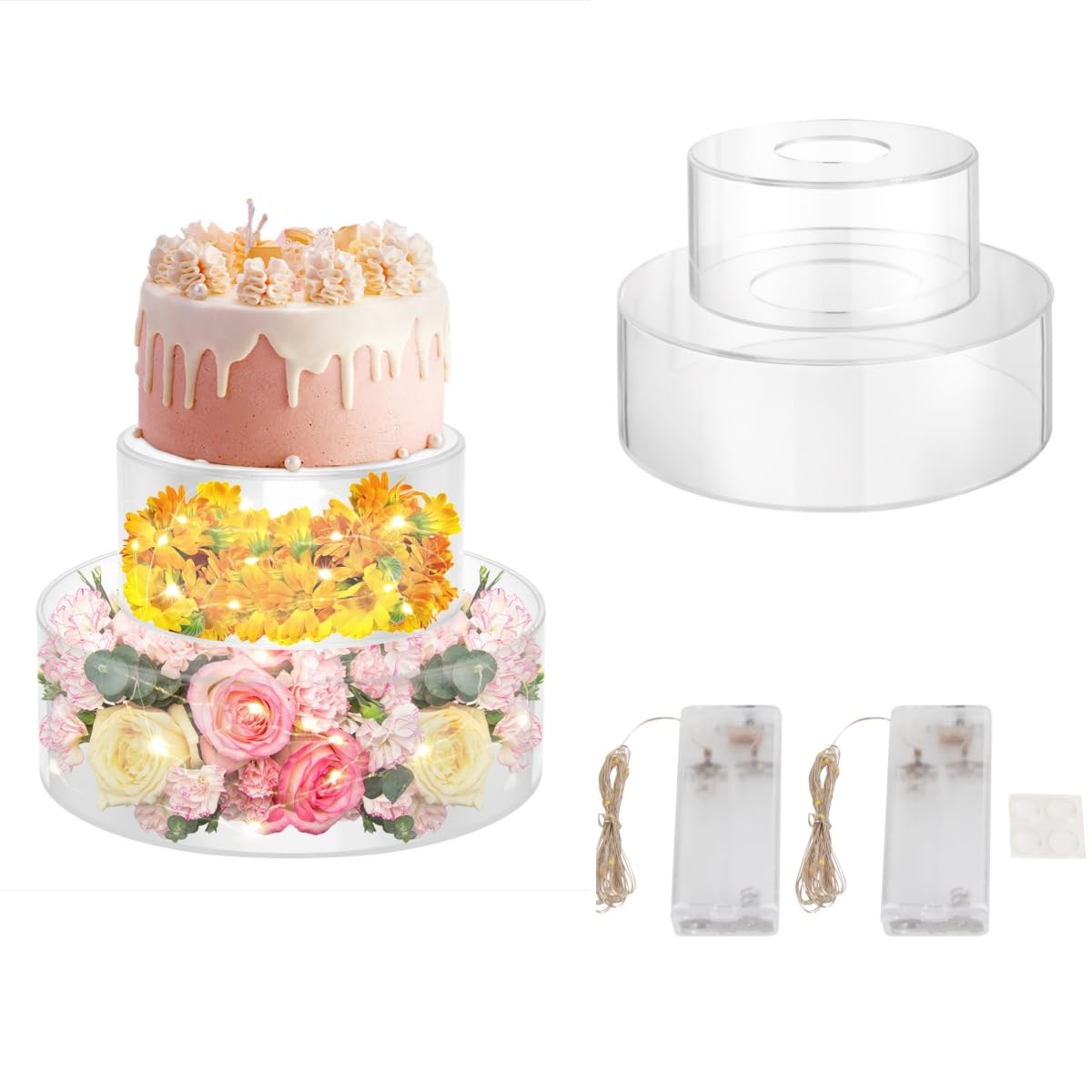 Lot de 2 présentoirs à gâteau avec bandes lumineuses LED - En acrylique transparent - Remplissables - Pour gâteau d'anniversaire, fête prénatale, festival