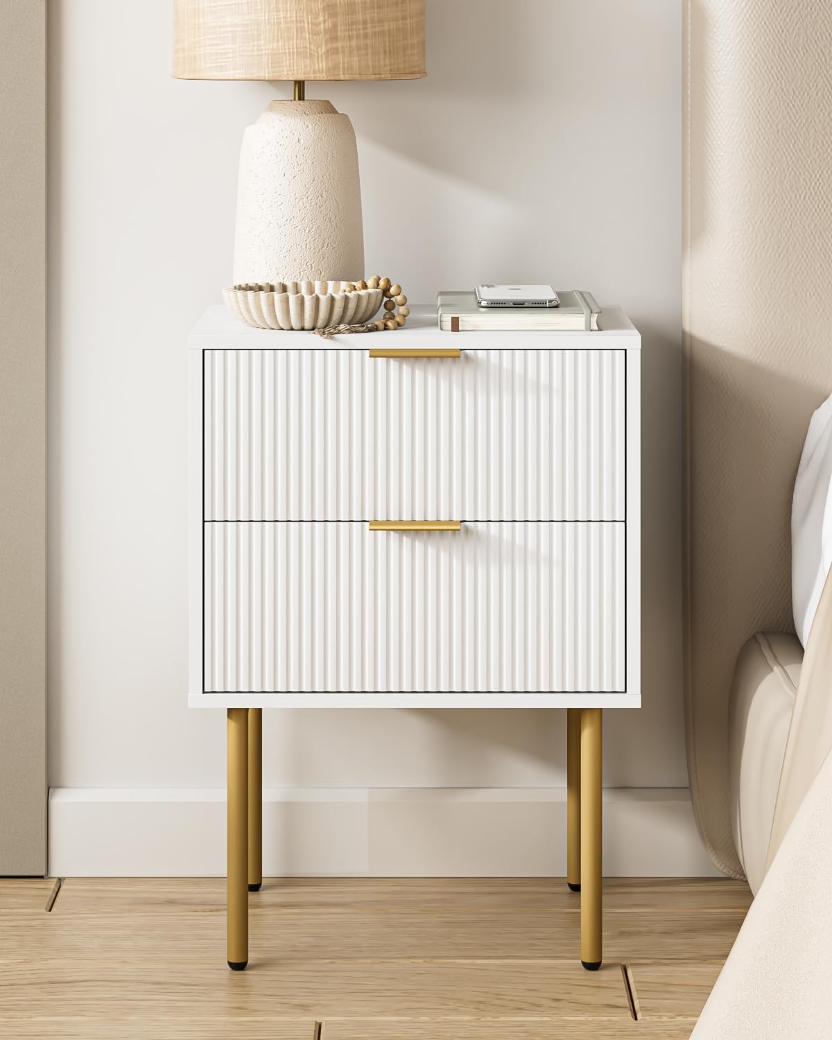 Nightstand,Morden Bedside Table with Gold Frame,Small White Night Stand,End Table,Bedside Furniture,Side Table with 2Drawers for Bedroom,Living Room