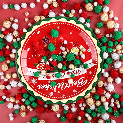 Aneco 900 Pieces Glitter Christmas Pom Poms Assorted Sizes and Colors Pompoms with Glitter Foil Christmas Crafts Fluffy Balls for Holidays DIY Art Crafts Supplies