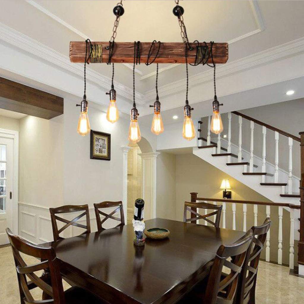 Lustre Rétro En Bois Industriel Vintage 6 Lampes à Suspension En Métal Boisé Pour Chambre à
