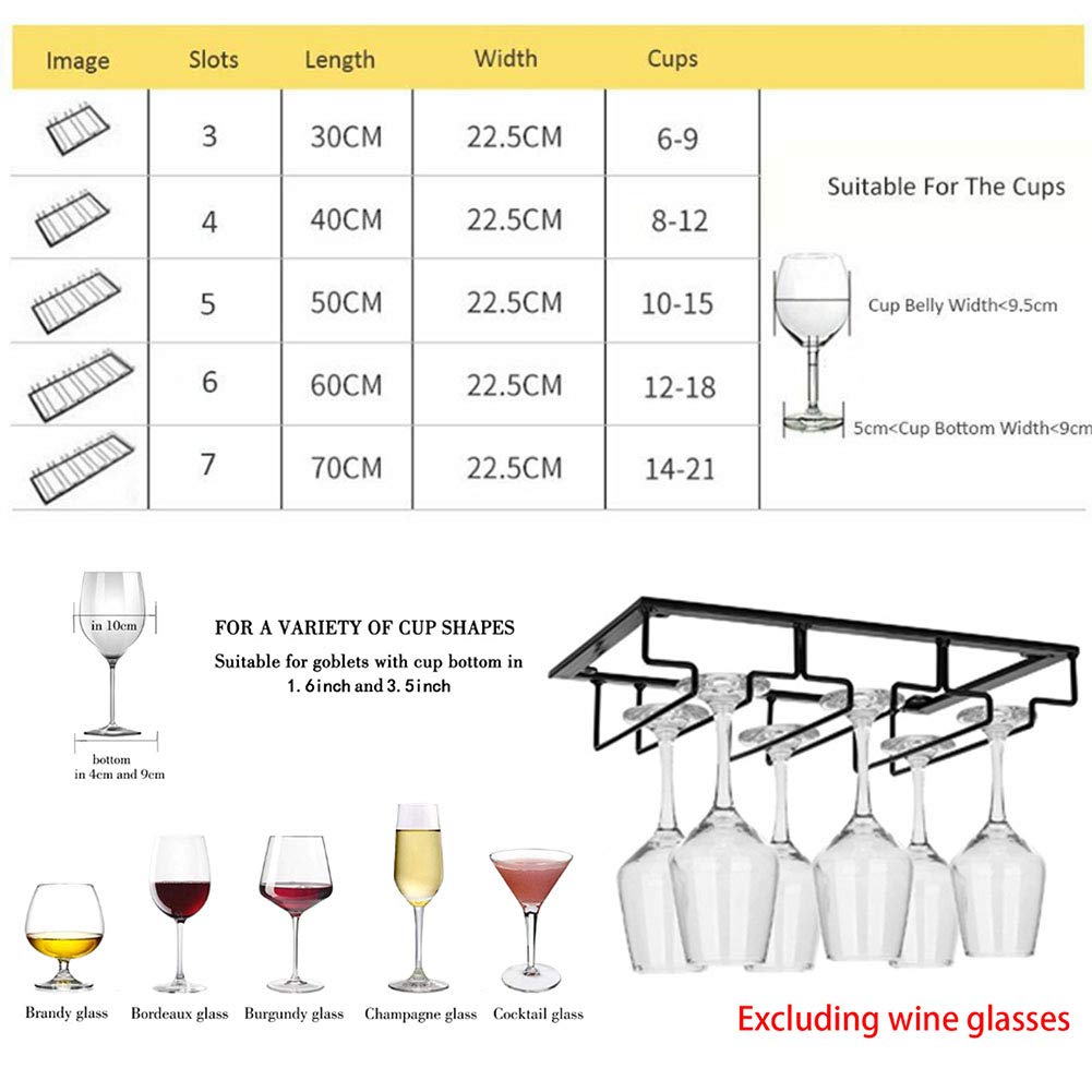 Warmiehomy Porte-verres à vin à suspendre sous armoire pour bars, cuisine, verres à champagne en métal noir (60 x 22,5/6 emplacements)