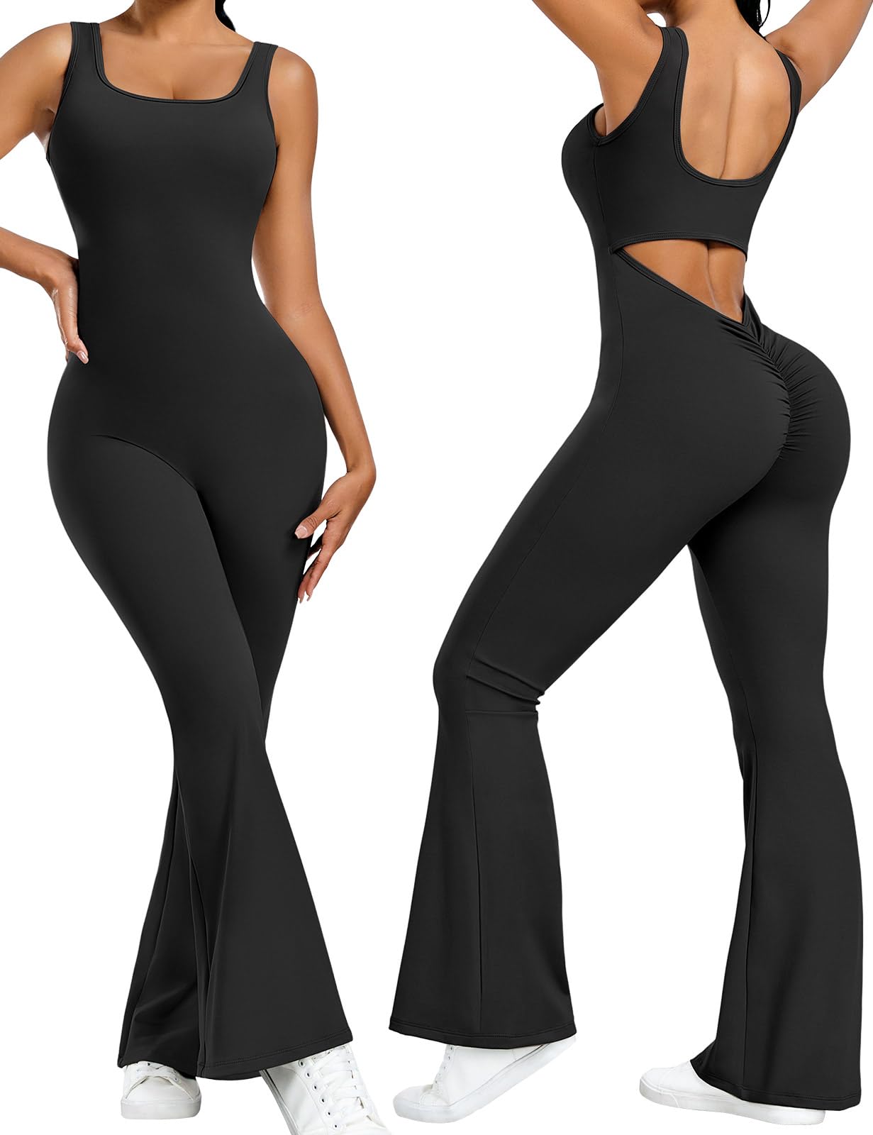 heekpek Mono Mujer Deportivo Sin Mangas Ajustado Monos de Mujer con Cuello en U Top y Pantalón Acampanada Elegante Jumpsuit para Fitness Yoga