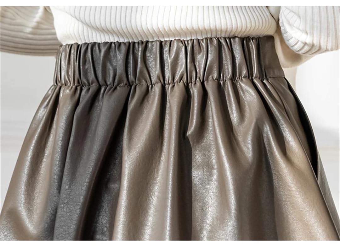 Autunno Inverno PU Faux Leather Donna Gonne Lunghe Elastico Vita Alta Vintage A-Line Gonne