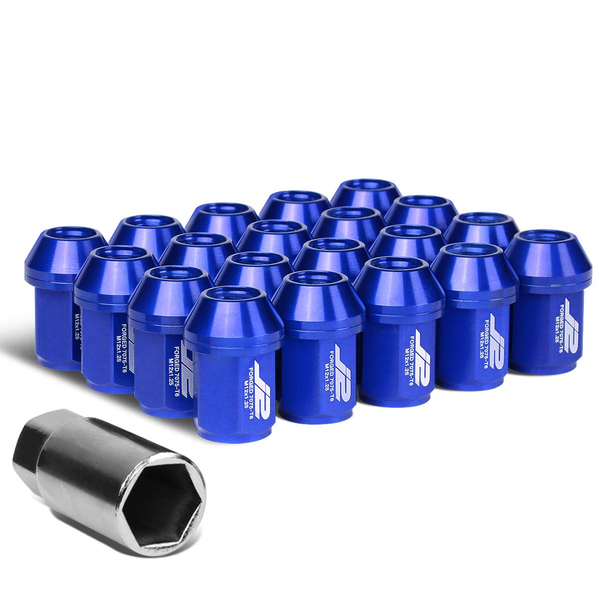 J2 Engineering LN-T7-024-125-BL 20Pcs M12 x 1.25 7075-T6 Aluminum 35mm Close-End Lug Nut w/Socket Adapter (Blue)