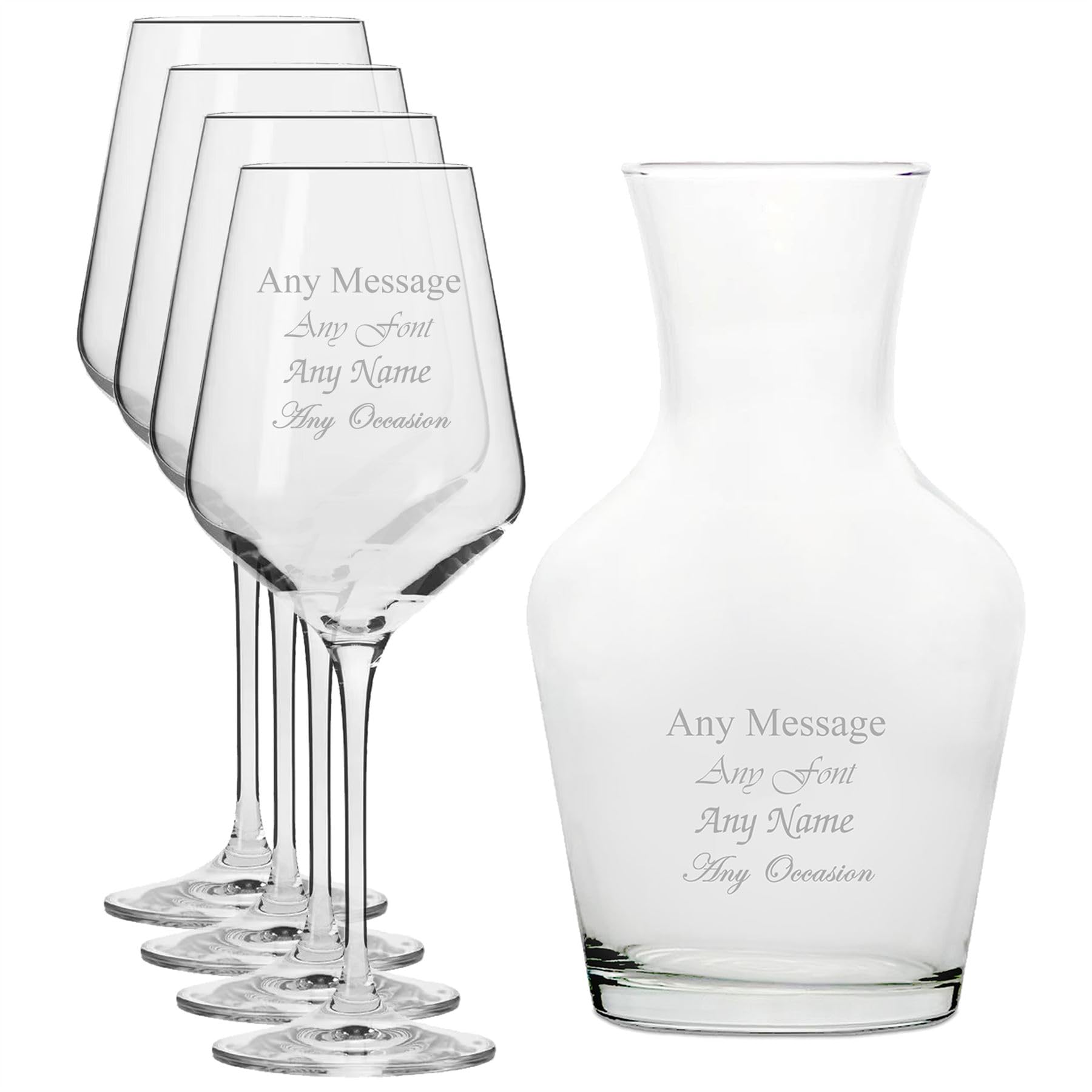 Personalised Engraved Set of 4 Infinity Wine Glass and 1 Litre Vin Carafe Set, Customise with Any Message for Any Occasion, Stylize from a Variety of Fonts, Gift Boxes Included, Laser Engraved
