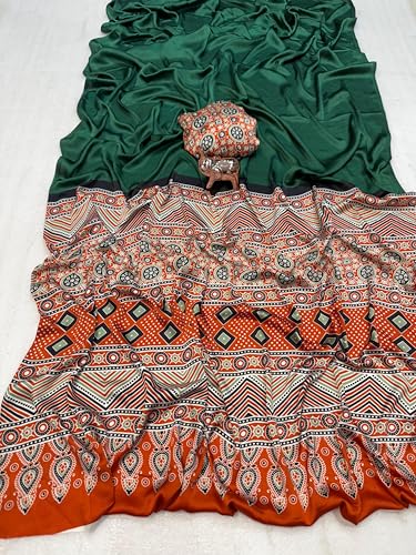 Image of SATIKA VASTRAM Modal Silk Ajrakh Saree Bandhani Design Crepe Printed Designer Pallu Attach Blouse Piece
