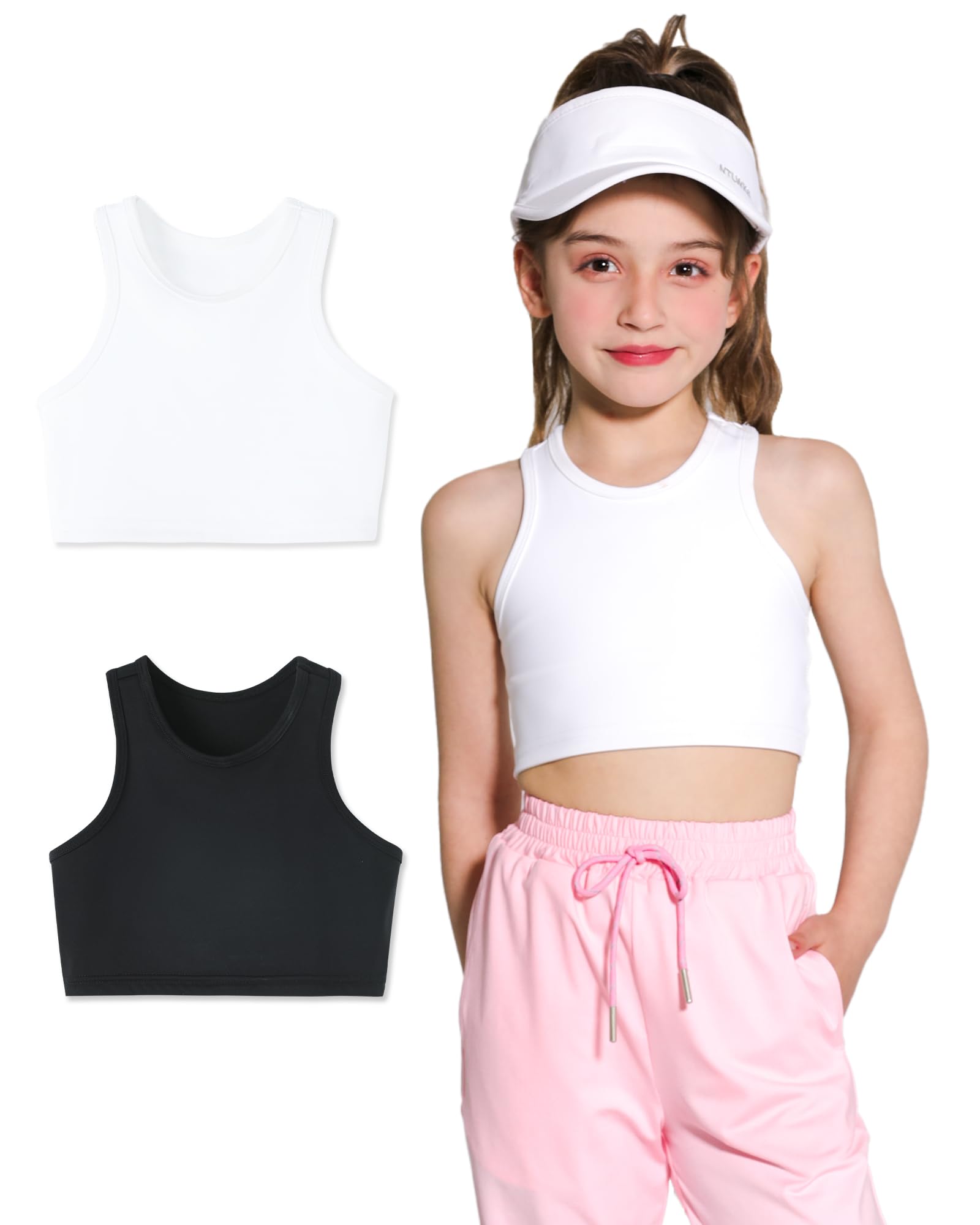 Girls Sports Bra Racerback Crop Tank Top for Kids High Neck Sleeveless Athletic Dance Top Teen 3-12Y