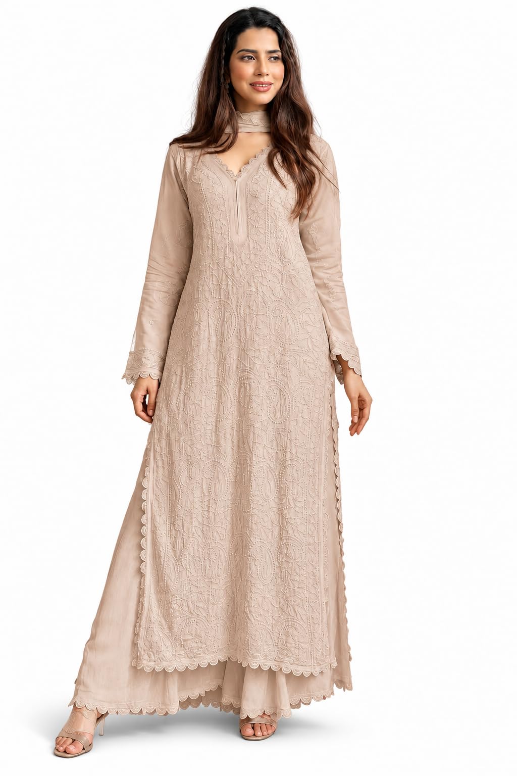KYNORA Women's Beige Chikankari Anarkali Kurta Set - Image 1