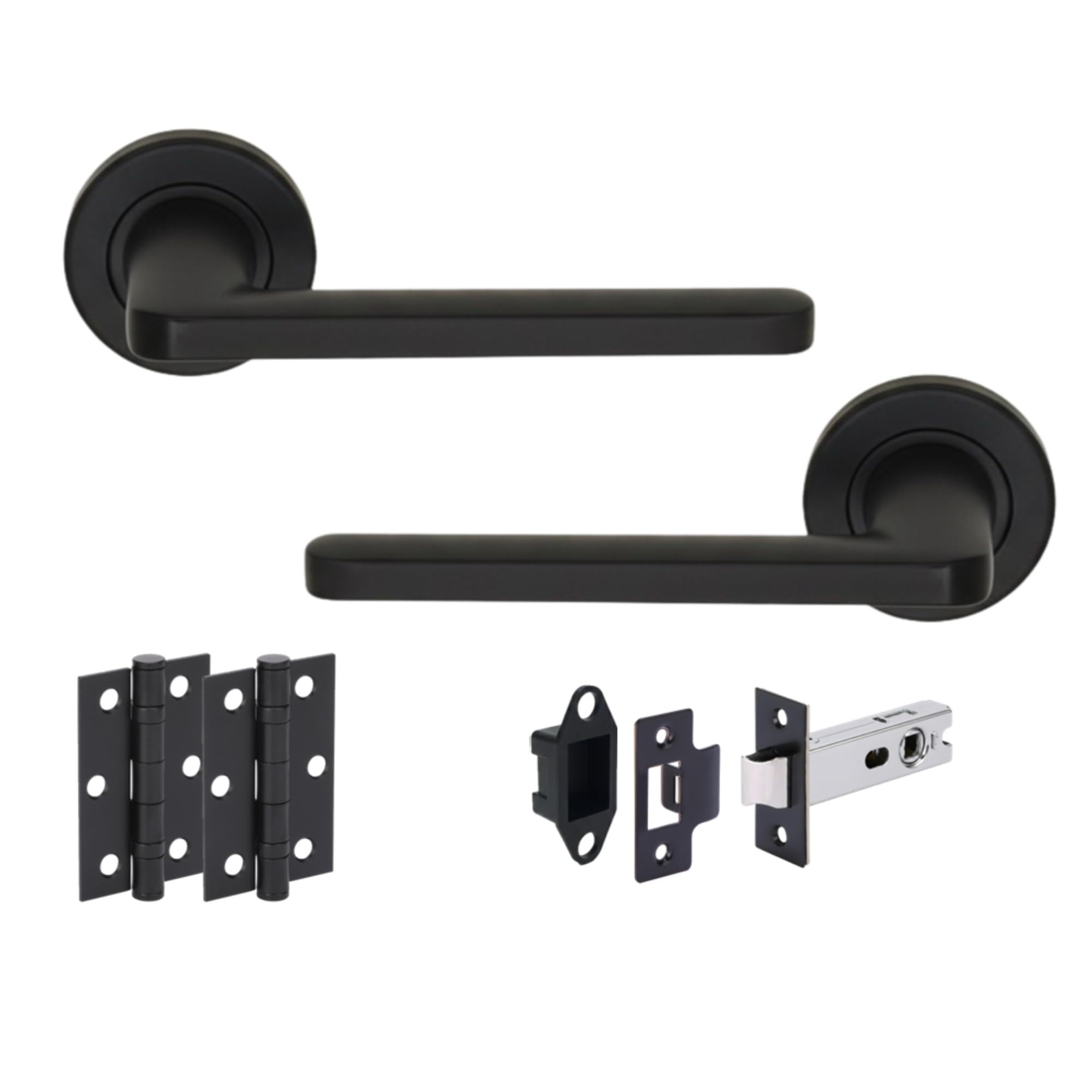 Hunta HANDLEZONE® Elio Matt Black Internal Door Handle Pack - Lever on Rose Set - 76mm Tubular Latch (57mm Backset) & 2 Ball Bearing Hinges - Passage for Internal Wooden Doors - 1 Pack
