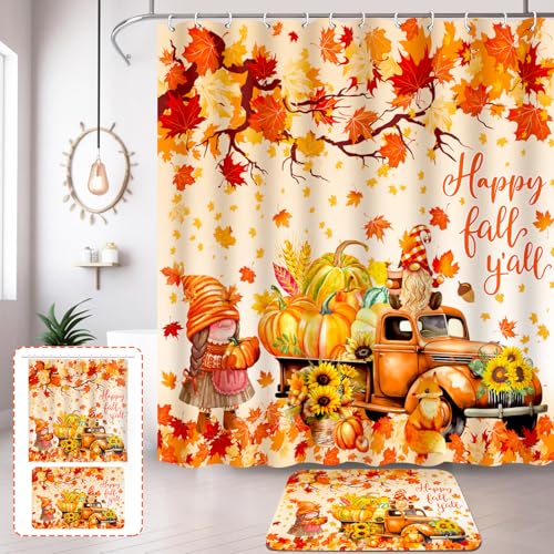 Lutto Fall Shower Curtain Sets with Rugs Fall Bathroom Set Pumpkin Thanksgiving Shower Curtains for Autumn Bathroom Decor 72 X 72 Inch