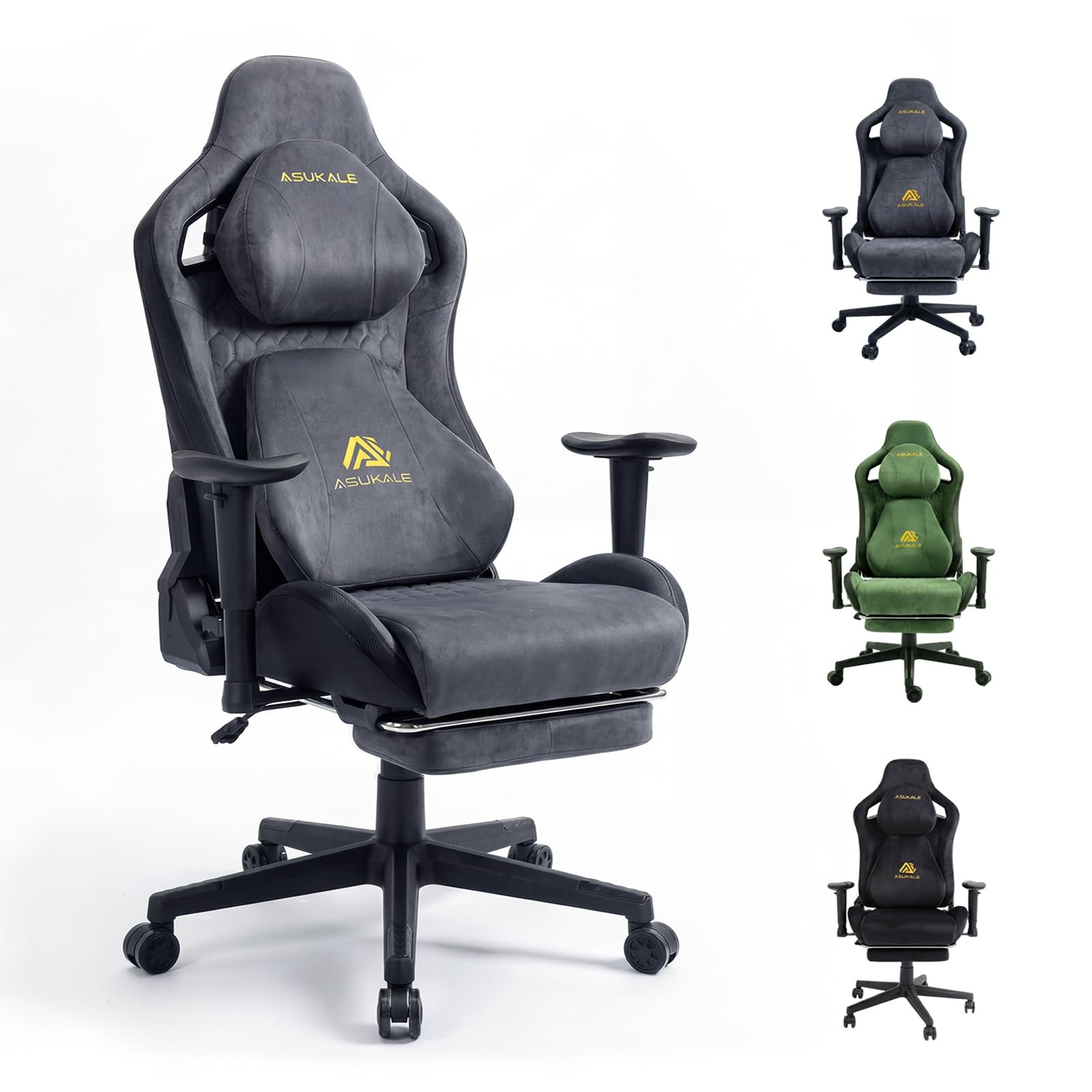Gaming Stuhl | Ergonomischer Bürostuhl mit Fußstütze, Kopfstütze, 90-155° Rückenlehne, Wildlederimitat