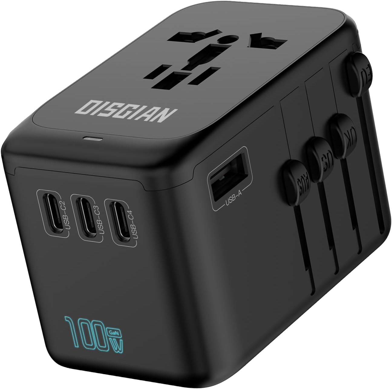 Travel Adapter,100W GaN International Power Adaptor with Super Fast Charging 4 Port Type-C and USB-A for Phones,Laptops,Universal Worldwide Travel Plug AC Outlet for Europe USA AUS (100W)