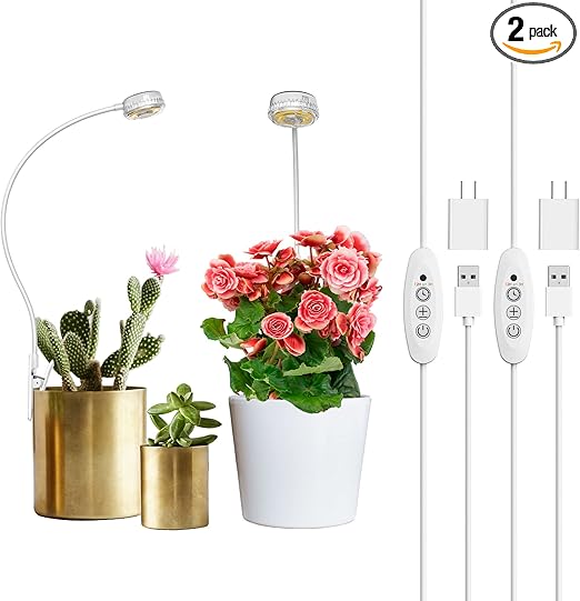 SANSI Grow Lights for Indoor Plants, LED Pot Clip Plant Light for Growing, 4000K Full Spectrum Plant Growing Lamp with 4-Level Dimmable, Auto On Off Timing 3 6 12 Hrs for Small Plants, White 5V 2-Pack