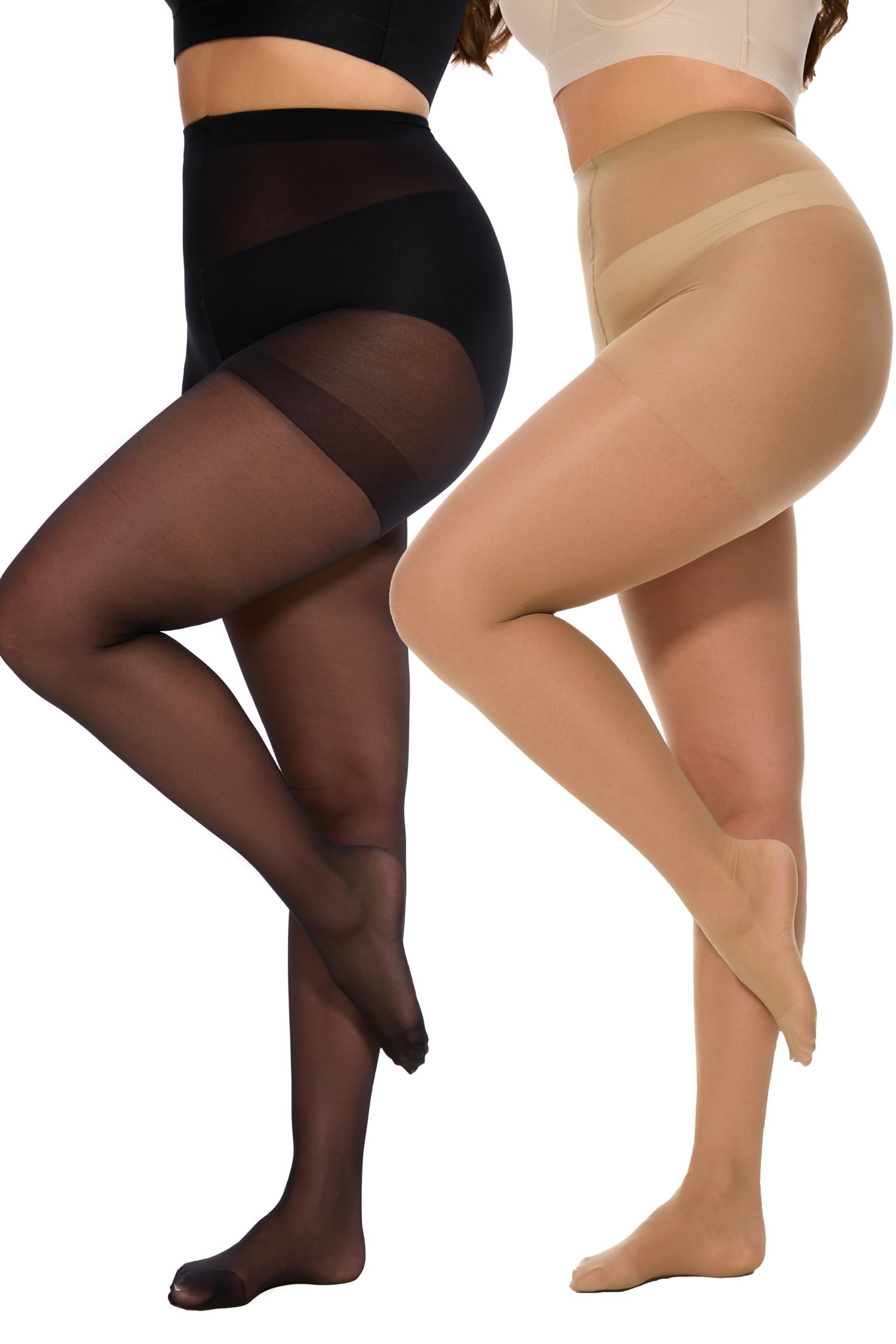 Citystl 2 Pairs Plus Size Sheer Tights for Women - 20D Black Tights Control Top Pantyhose with Reinforced Toes, Supple Feel