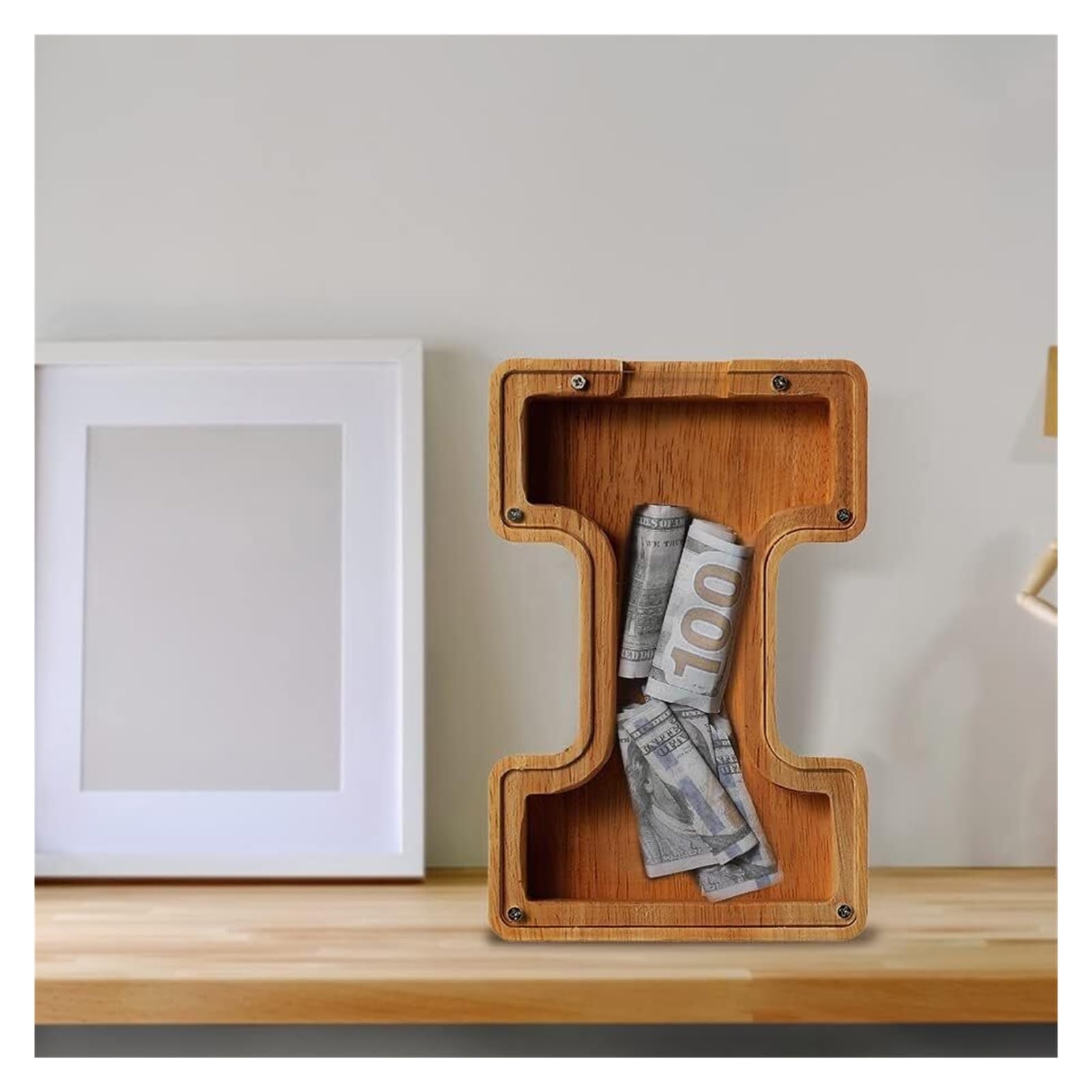Spardose, personalisierte Spardose aus Holz, Sparschwein aus Holz mit Buchstaben von A bis Z, Münzbank mit DIY-Alphabet-Aufklebern, Geldspardose, Münzaufbewahrungsbox, Geschenke(T)