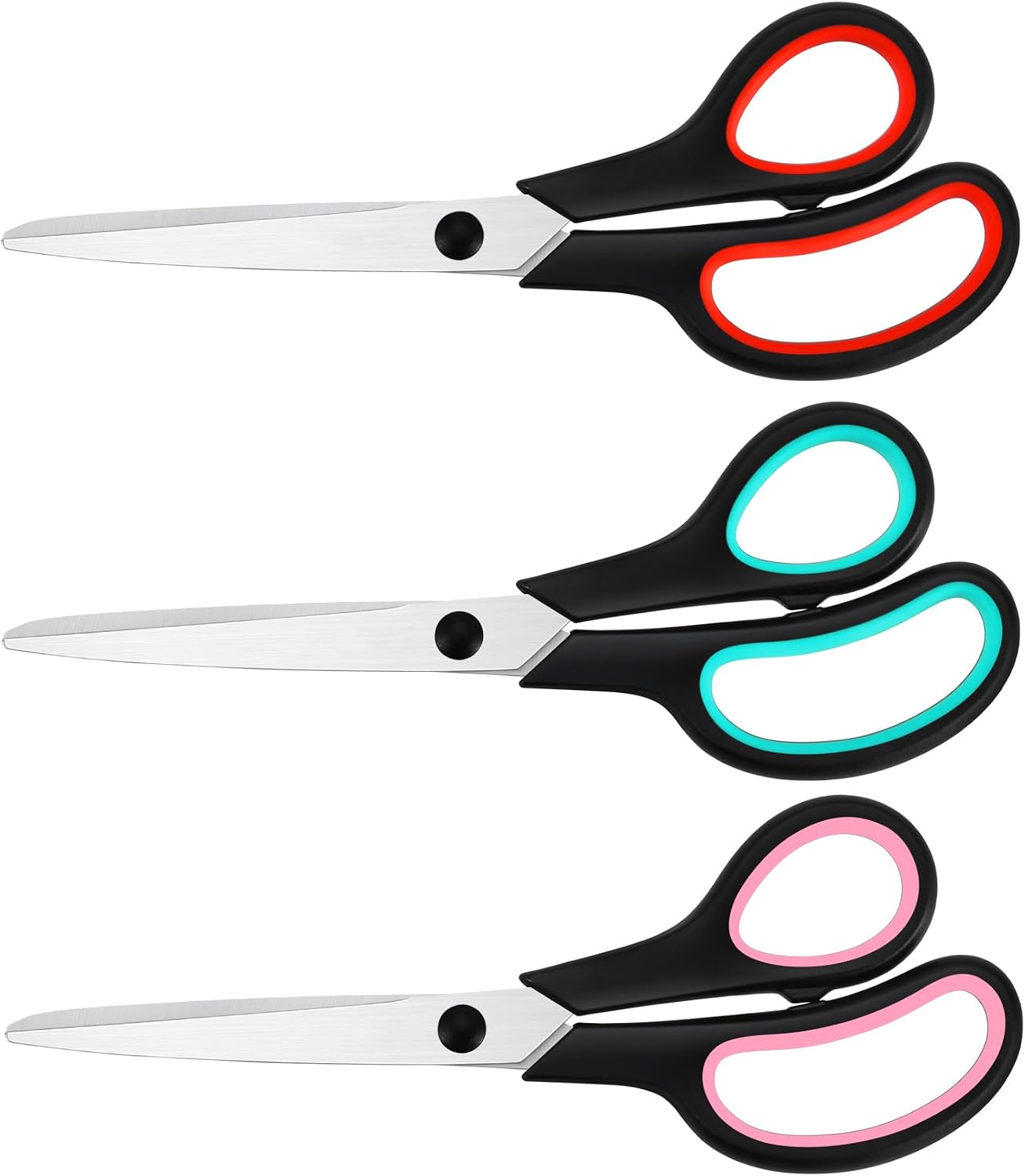 3 Pack 8" Stainless Steel All Purpose Scissors with Ultra Sharp Blades and Comfort Grip Handles for Home, Office, School, Sewing, Crafts