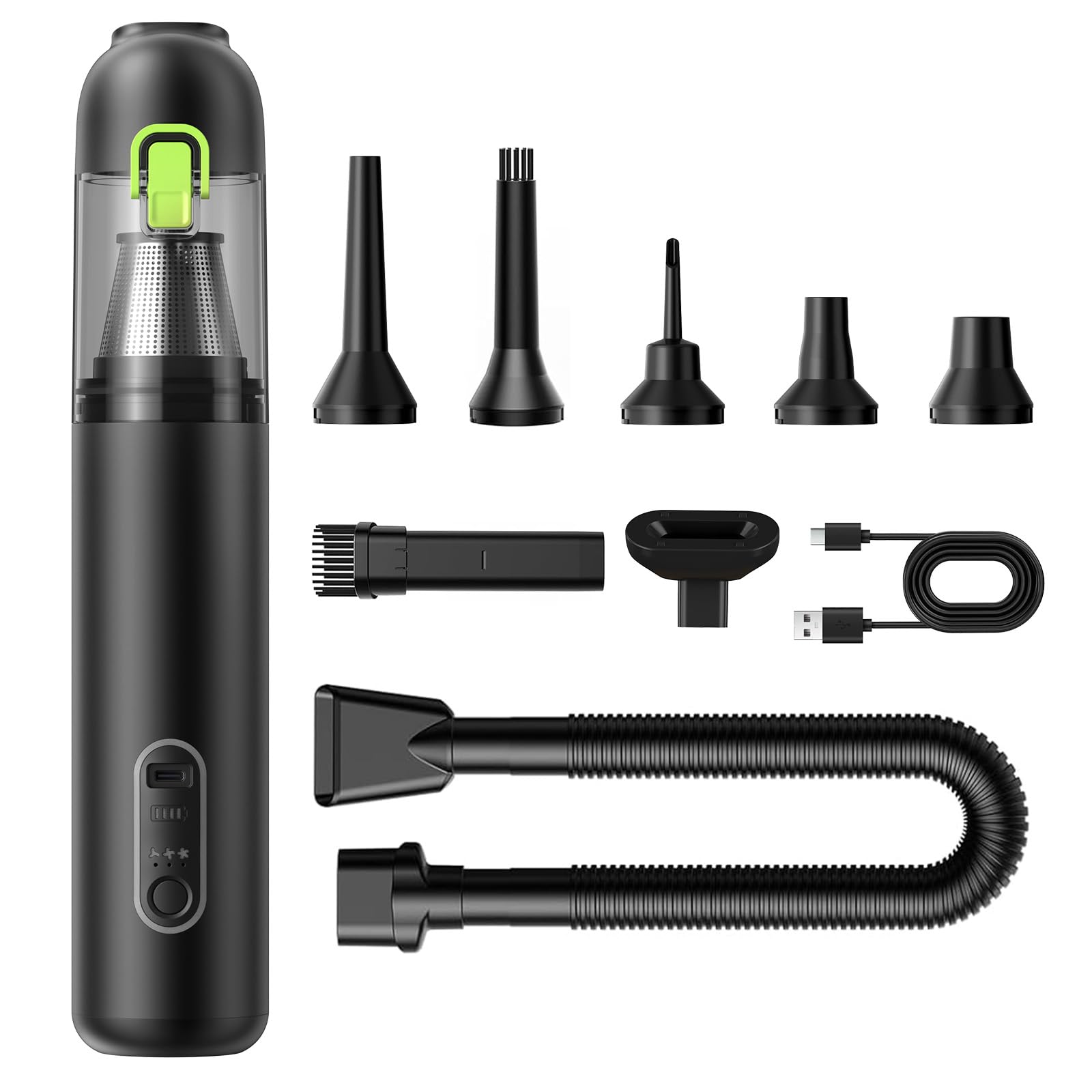 Aspirapolvere Auto, 20000 Pa Aspirabriciole senza Fili, 3 velocità regolabili, Ricca rapida Type-C Aspirapolvere Portatile, 4 in 1 Aspirazione/Soffiaggio/Gonfiaggio/Pompaggio Verde