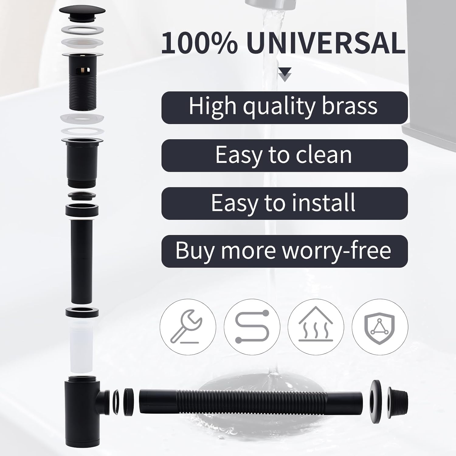 HOMELODY Sifone di design con valvola pop-up per lavandino, nero opaco, sifone universale in ottone, tappo per lavandino, antiodore con apertura di pulizia