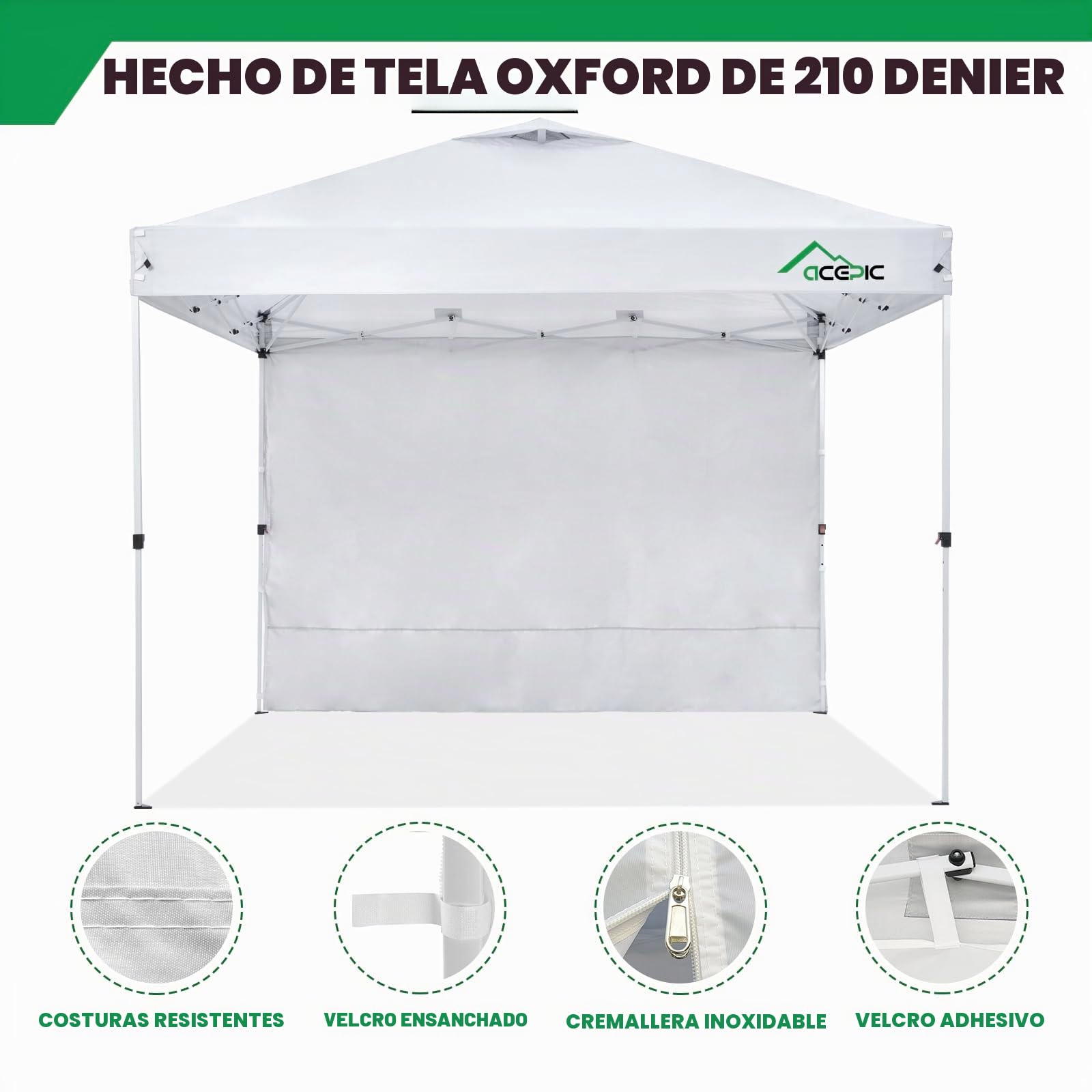 Acepic Pack de 4 Paredes Laterales para Carpa 3x3m, Paneles Laterales Impermeables de Tela Oxford 210D para Cenador Plegable, Protección Solar y Privacidad para Jardín, Camping y Eventos, Blanco