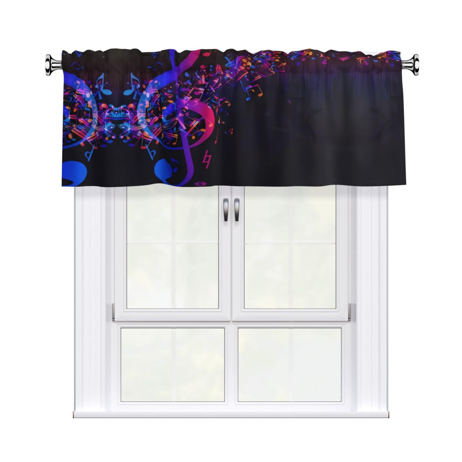 WHJSHOP Colorful Galaxy Music Note Prints Curtain Valance 54x18in - Peach Skin Kitchen Window Layer, Filtered Light & Quick-Install Rod Pocket Cover