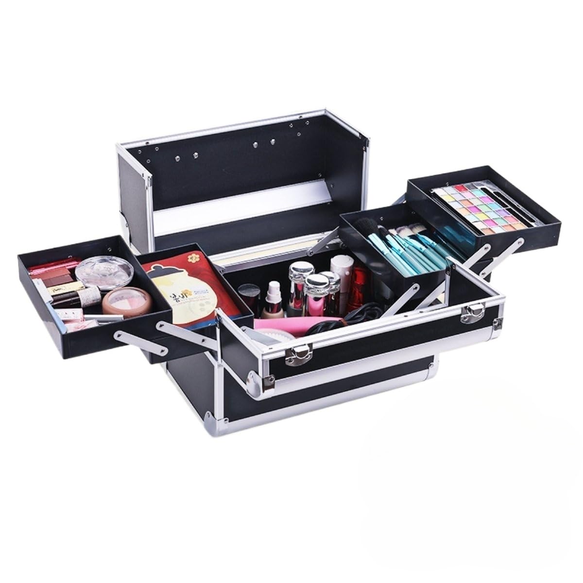 Etui na przybory do makijażu – przenośny aluminiowy organizer do makijażu z zamykanymi zatrzaskami, wysuwane tace, przestronne miejsce do przechowywania dla profesjonalistów kosmetycznych i