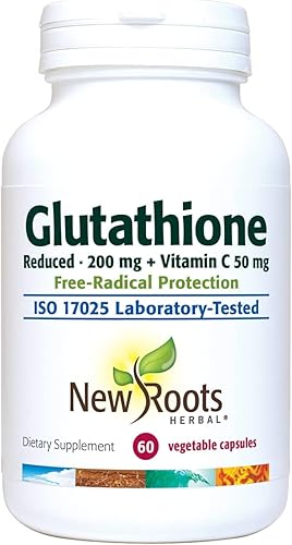 NEW ROOTS HERBAL Suplemento de glutatión, 200 mg reducido + vitamina C (120 cápsulas vegetales)  Protección de radicales libres  Sin gluten, sin OMG
