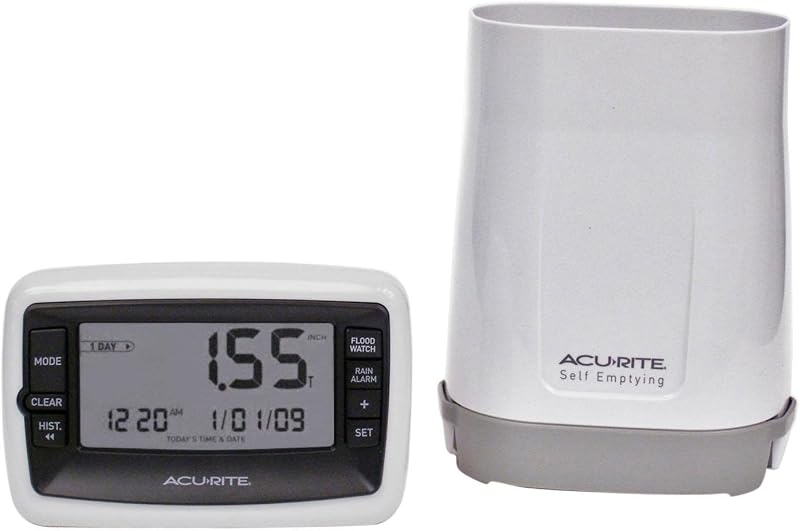 AcuRite Pluviómetro digital inalámbrico con colector autovaciante con historial de precipitaciones, alertas y fecha y hora actuales (00899), multicolor