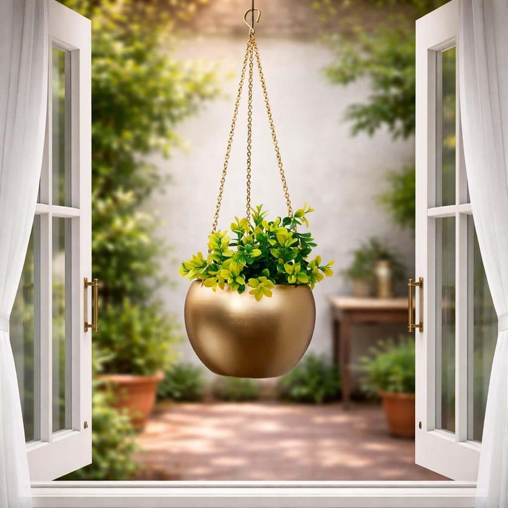 Handmade Metal Hanging Planter with Chain | Gold Powder Coated Finish | Decorative Indoor & Outdoor Hanging Flower Pot for Balcony, Window, Living Room | 5 Inch-image-9